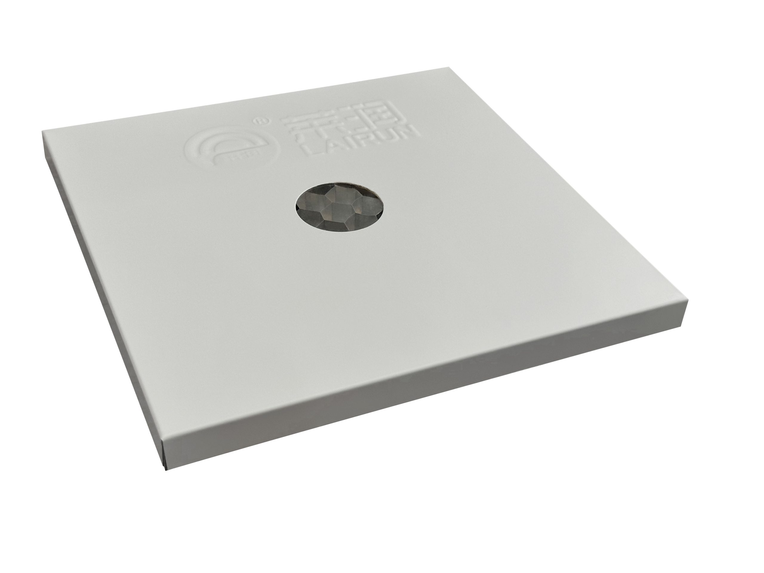 Foto do produto painel cego FFU: painel branco quadrado com uma abertura redonda